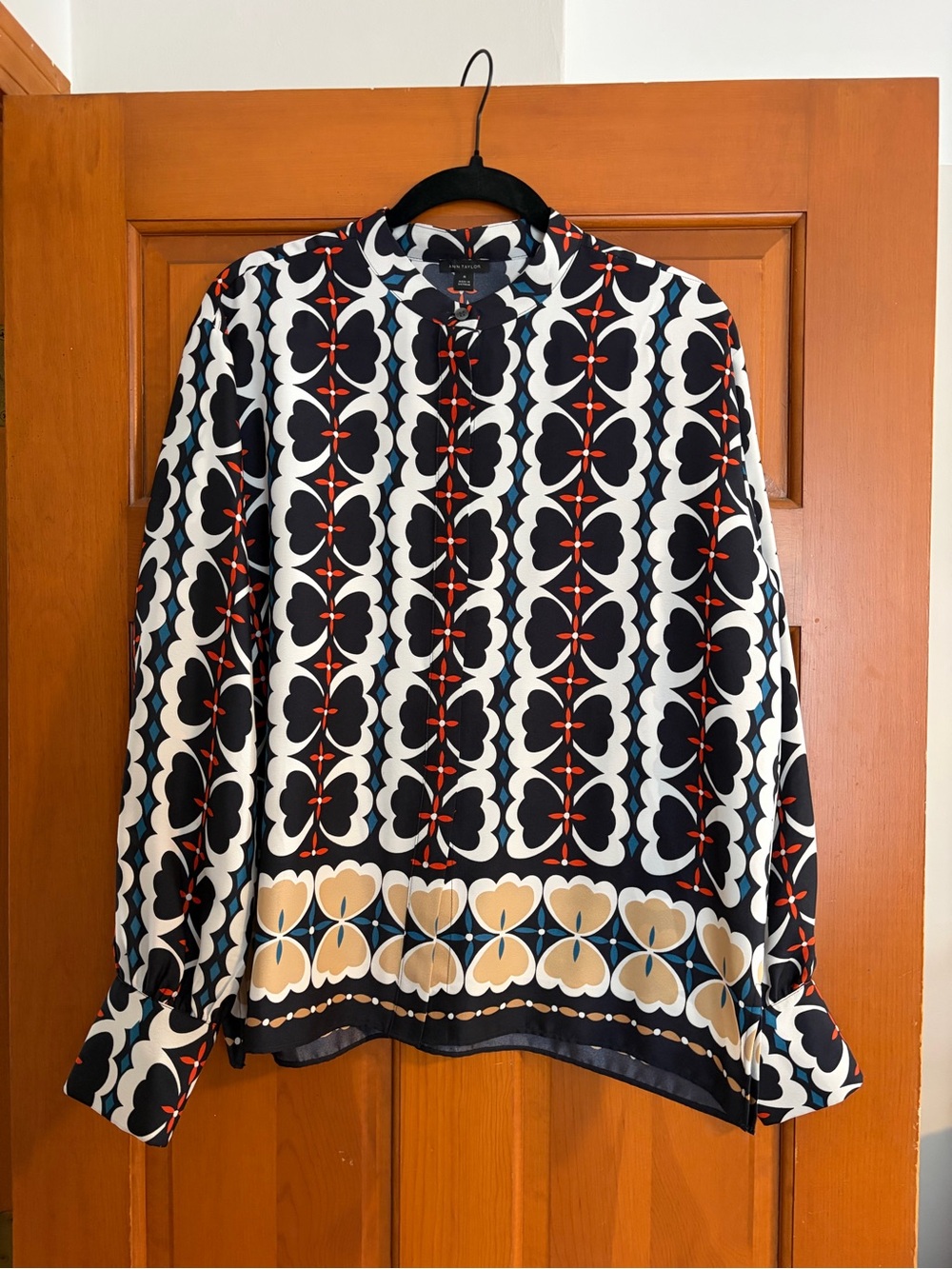 Patterned Long-Sleeve Blouse - Black, White & Beige